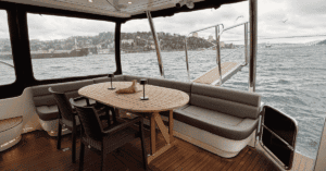 Lounge area of the Azimut 55 P149 yacht with Bosphorus view