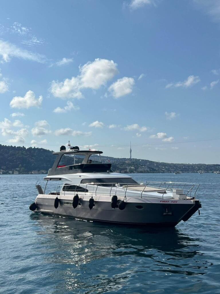 Overhead view of the P114 motor yacht moored along the Bosphorus shoreline in Istanbul.